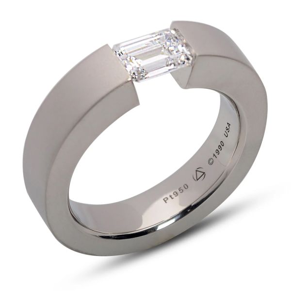 Tension Set Titanium Ring With Emerald Cut Stone 