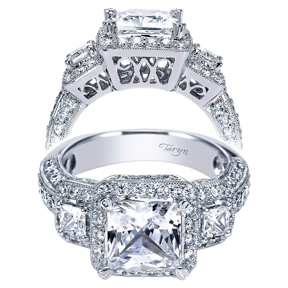 Taryn 14k White Gold Princess Cut 3 Stones Halo Engagement Ring